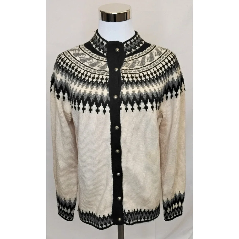 Vintage Handmade Sweater Women's M Cream Danish Wool Fair Isle Cardigan #Z5783